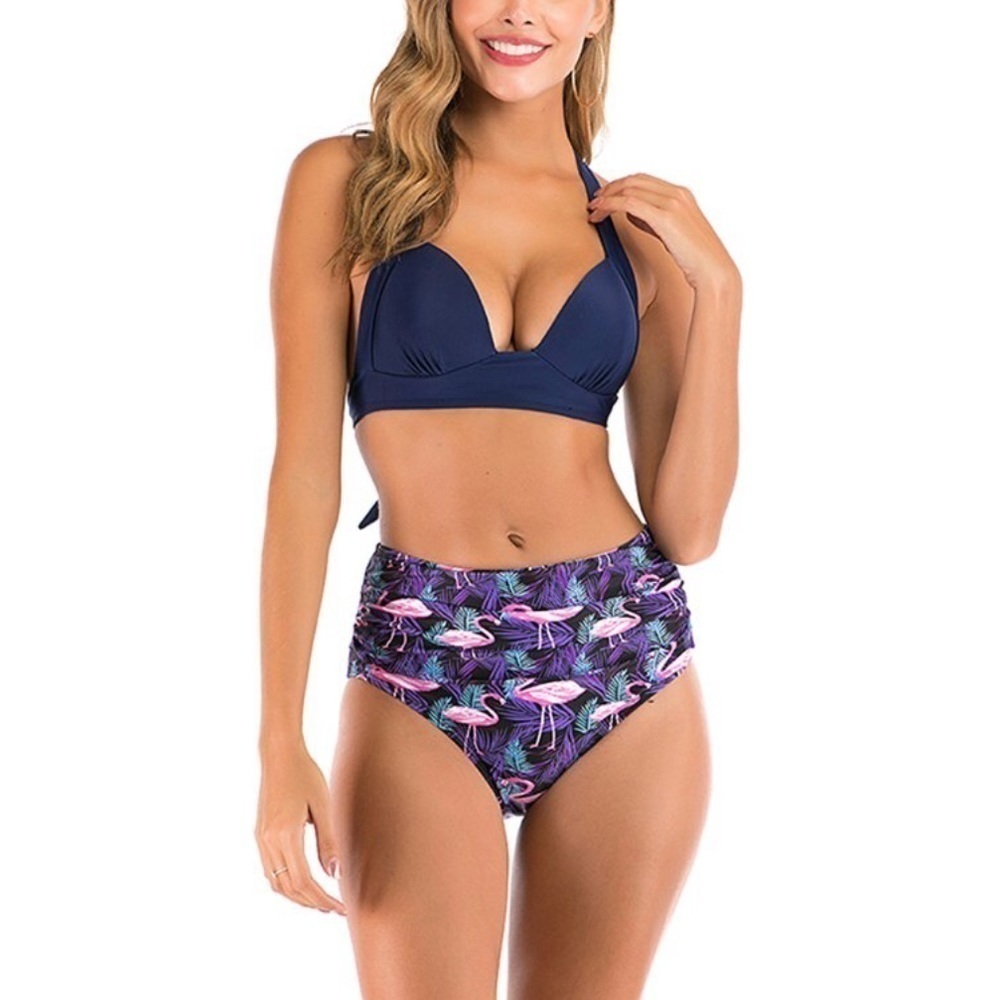 New Women's Swimsuit Two Piece Retro Halter Ruched High Waist Bikini M